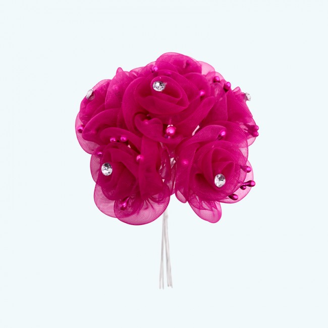 2.5" Diameter Rhinestone Organza Flower 6X12 | Fuchsia